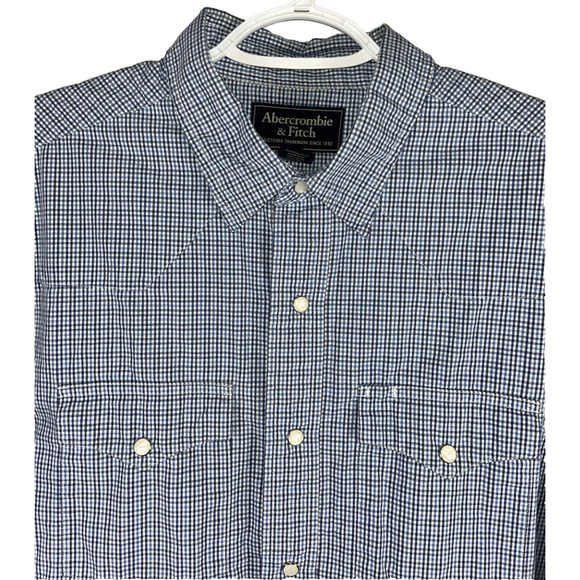 Abercrombie & Fitch Mens Large Pearl Snap Long Sleeve Shirt Plaid Button Up Blue - Picture 3 of 8